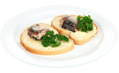 Tasty sandwiches with scomber, isolated on white