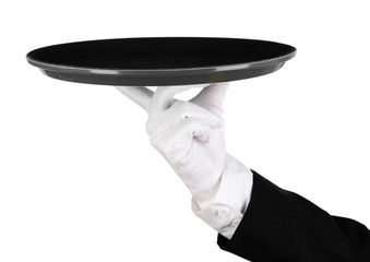 Empty tray in hand waiter isolated on white