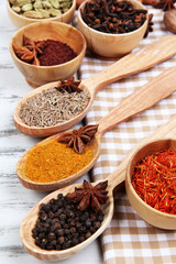 Various spices and herbs on table close up