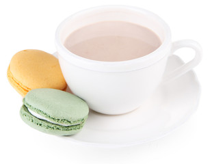 Cocoa drink  and macaroni isolated on white