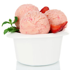 Tasty ice cream scoops in bowl, isolated on white