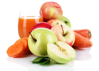 Sweet apples, juice and carrots isolated on white