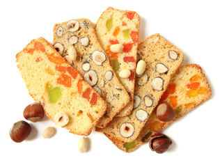 Biscotti with  nuts and candied fruits, isolated on white