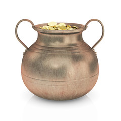 Golden coins in pot - 3D render isolated with clipping path.