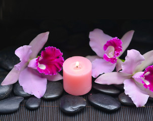 beautiful orchid with candle and zen stones on mat