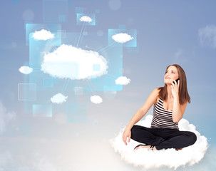 Happy girl looking at modern cloud network
