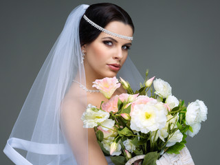 Naklejka premium Portrait of beautiful bride. Wedding dress. Wedding decoration