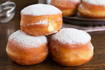Donuts with powdered sugar.