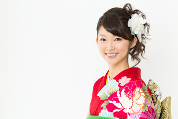 Beautiful asian kimono woman on white background