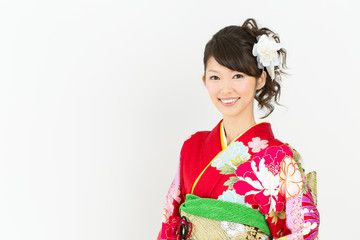	Beautiful asian kimono woman on white background