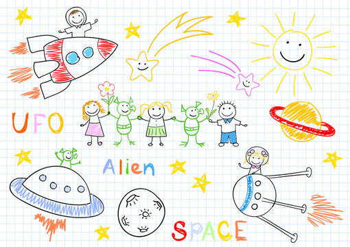 Vector sketches with happy children's and aliens