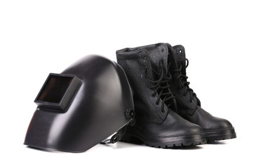 Welding mask and working boots.
