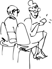 grandparents sit in the chairs in the office of the bank