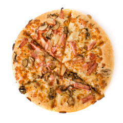 Pizza with mushrooms, ham and pineapple isolated on white .
