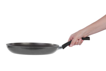 Hand holding a Teflon frying pan isolated on white background