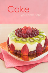 Fresh berries fruit cake with whipped cream.