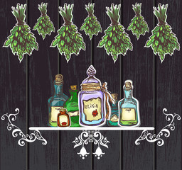 herbal potions vintage wooden background. apothecary old lore an