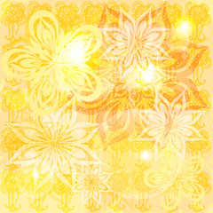 Fototapeta na wymiar yellow grungy bright background with abstract graphic flowers
