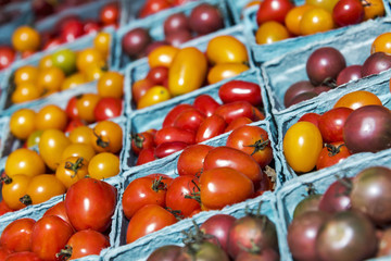 Cherry tomatoes on display at a farmer's market on a sunny day