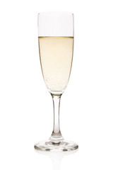 Flute with sparkling champagne isolated on white.