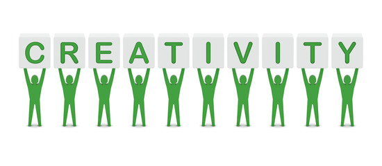 Men holding the word creativity. Concept 3D illustration.