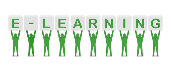 Men holding the word e-learning. Concept 3D illustration.