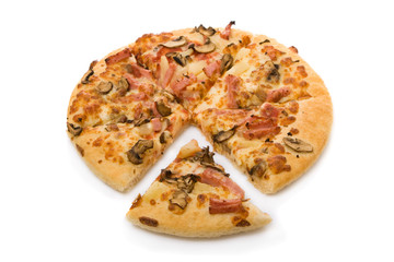 Pizza with mushrooms, ham and pineapple isolated on white