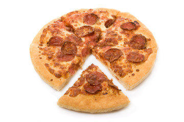 Sliced pepperoni pizza isolated on white background.