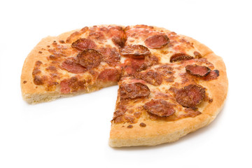 Sliced pepperoni pizza isolated on white background