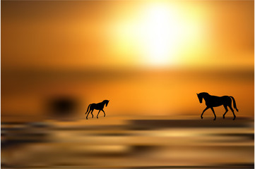 Black silhouettes of horses on golden