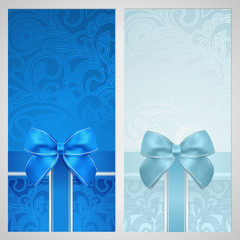 Gift certificate, Voucher, Coupon, Gift card. Blue pattern, bow