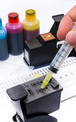 Injecting ink cartridge. Set of refill inkjet for print.