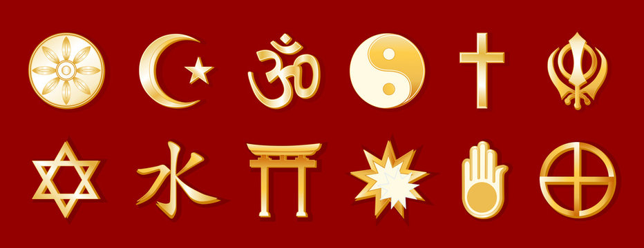 World Religions, 12 international faith symbols, beliefs, red