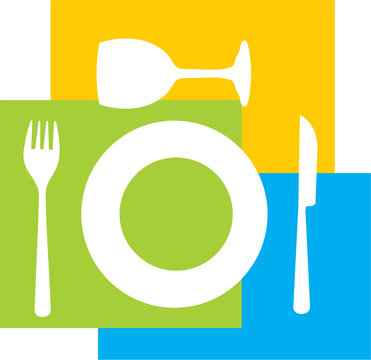 white plate, fork, knife, wine glass on color blocks clip art preview