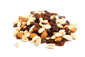 nuts and raisins isolated on white - obrazy, fototapety, plakaty