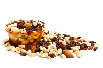 nuts and raisins isolated on white