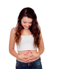 Young woman touching her belly