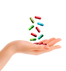 Woman hand with falling pills. Vector illustration.