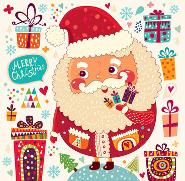 Cartoon funny Santa Claus with presents