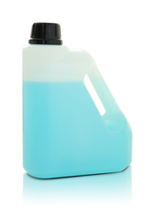 plastic gallon with blue liquid on white background
