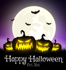 Halloween pumpkin on grass with moon