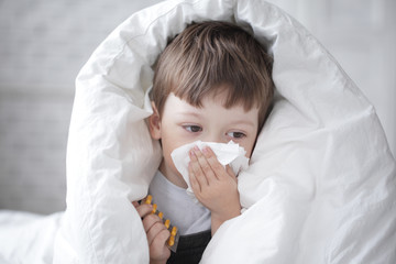 boy wipes his nose with a tissue