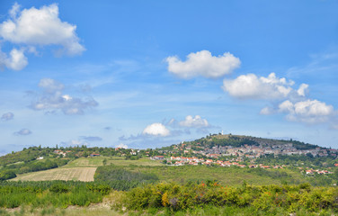 Naklejka premium Village with statue of Mary on top of hill