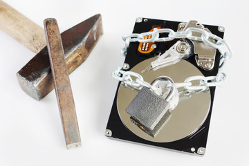 Hard disk drive and rough tools. Concept of hacking