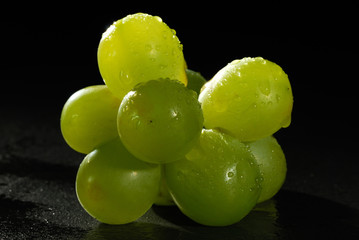 Grüne Weintrauben vor schwarzem Hintergrund. Gegenlichtaufnahme.
