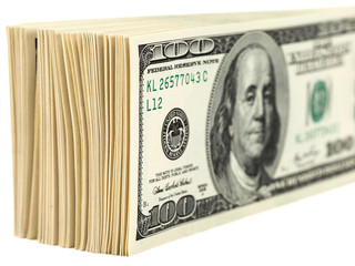 Pile of One Hundred Dollar Bills Isolated on  White Background