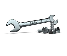 Service Schraubenschlüssel mit Schrauben auf weissem Hintergrund
