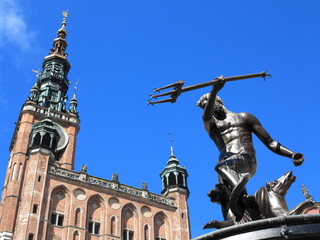 Neptune Fountain and city hall in Gdansk, Poland