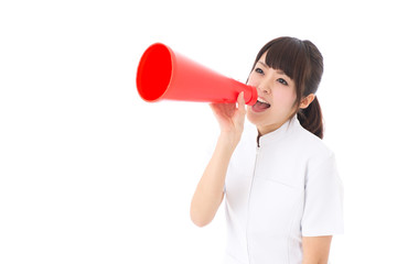 young asian nurse cheering on white background
