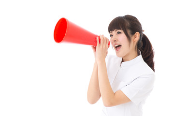 young asian nurse cheering on white background